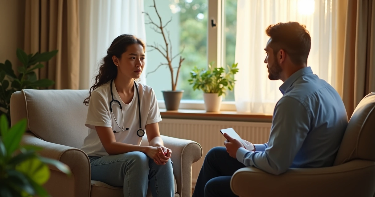 Duas pessoas em sessão terapêutica, médico jovem conversando com psicóloga.