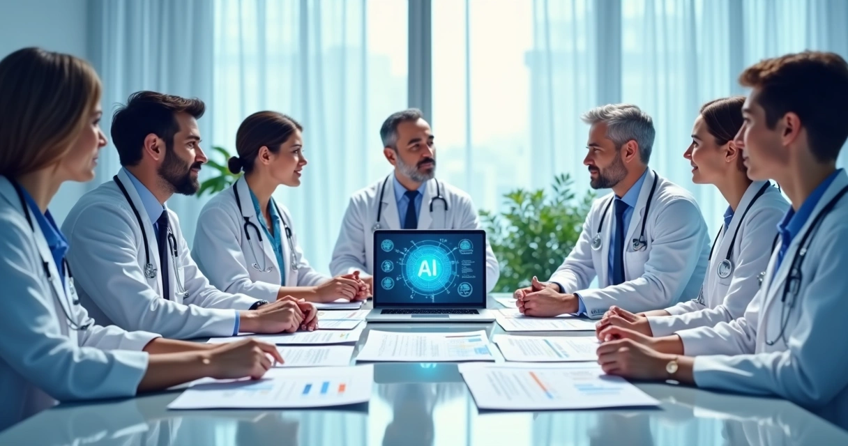 Equipe médica discutindo avaliação ética sobre uso de IA