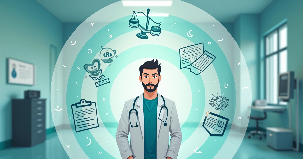 Ilustração das camadas de proteção para carreira médica, com médico rodeado de camadas translucidas e elementos jurídicos, documentos e seguro visíveis