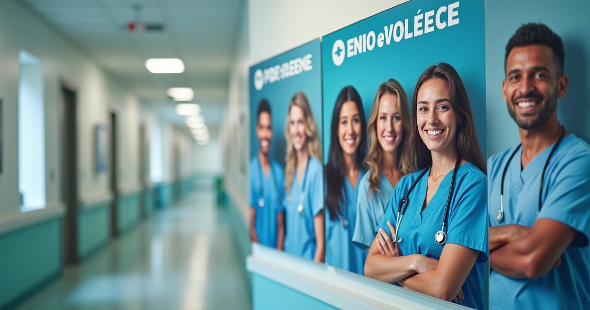 Cartaz de campanha mostrando equipe médica e mensagem contra violência em hospital.