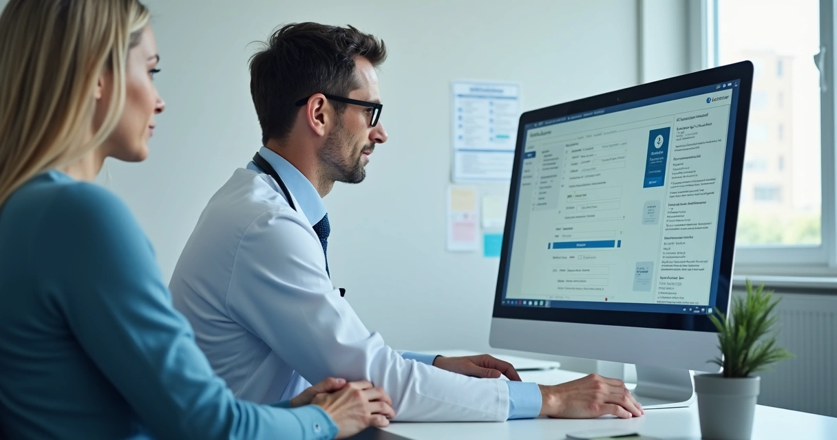 Paciente sendo atendido em clínica médica com o médico digitando dados em prontuário eletrônico