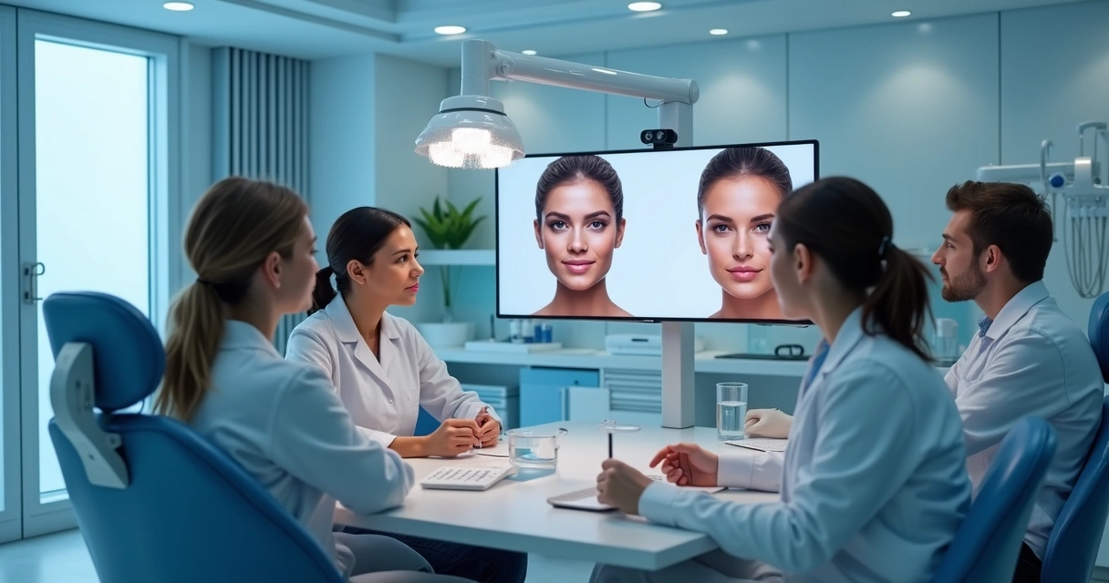 Equipe de dentistas em clínica moderna recebendo paciente para consulta sobre cirurgia estética facial