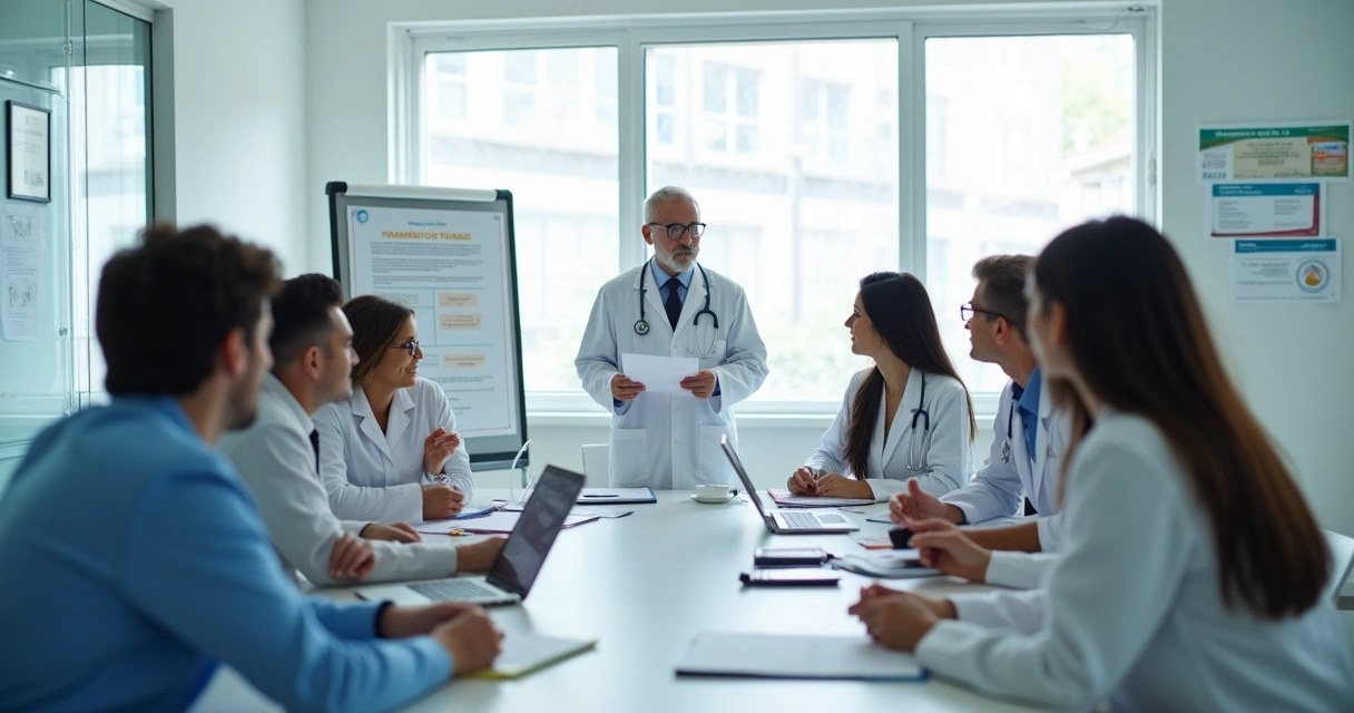 Equipe médica reunida em sala planejando compliance hospitalar