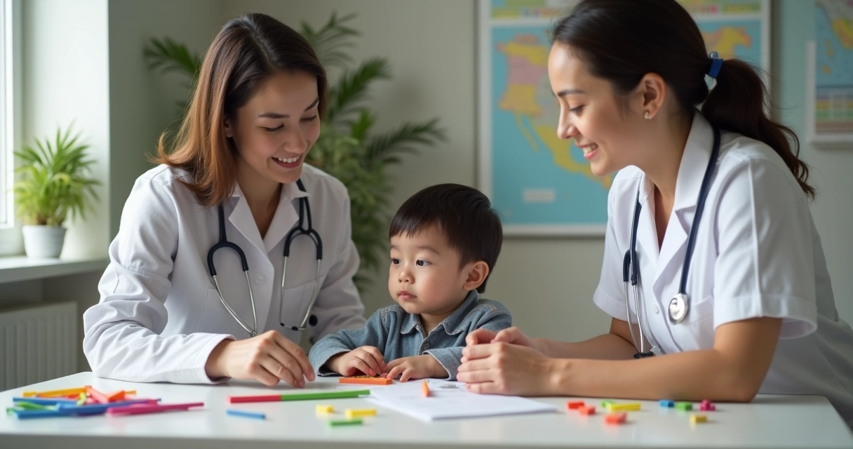 Criança recebendo terapia ABA em consultório com terapeutas ao redor