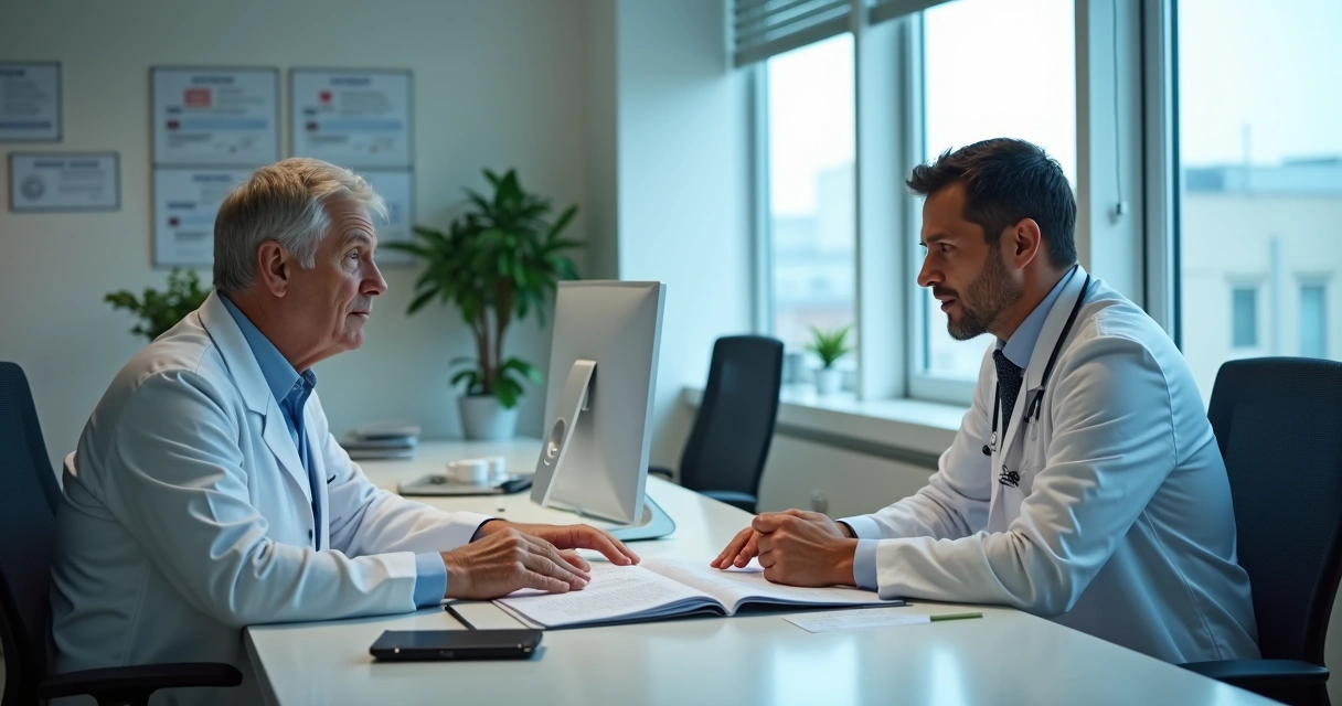 Consulta médica em clínica com paciente e médico revisando prontuário