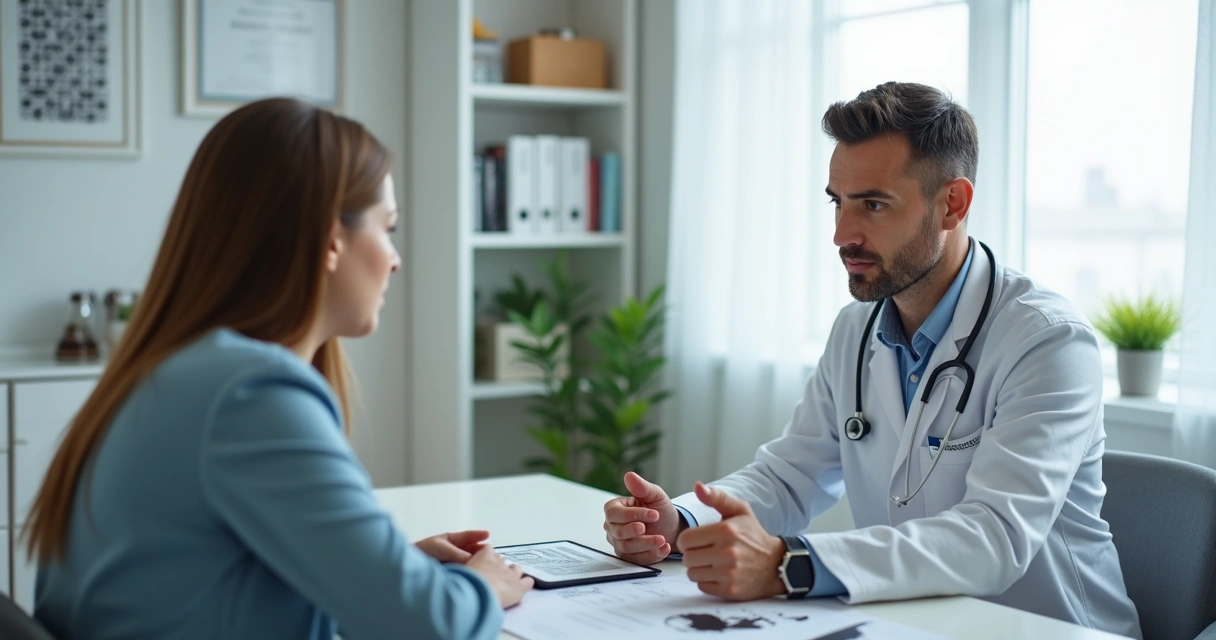 Consulta médica em clínica, médico explicando resultados ao paciente na mesa