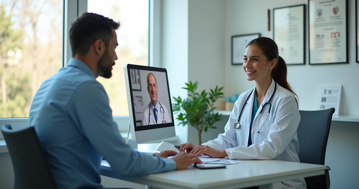 Médico e paciente em consulta online em ambiente moderno