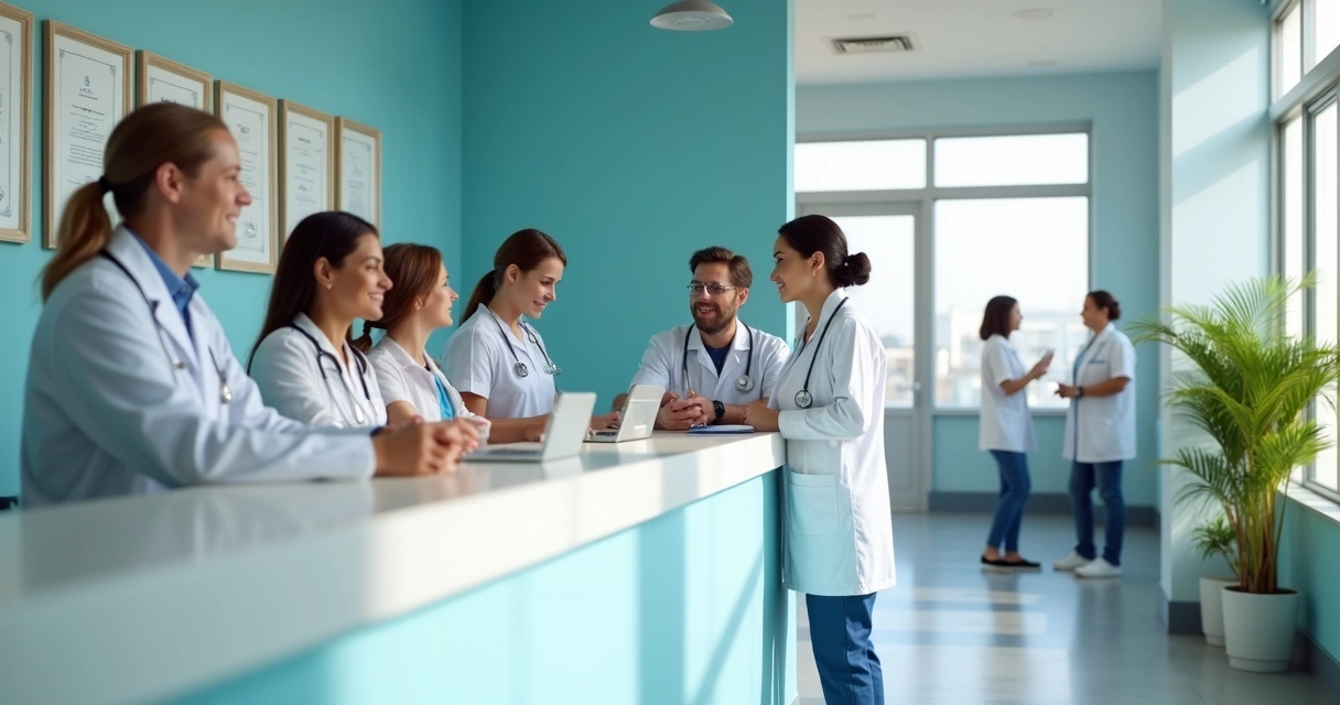 Recepção moderna de consultório médico com equipe atenta.