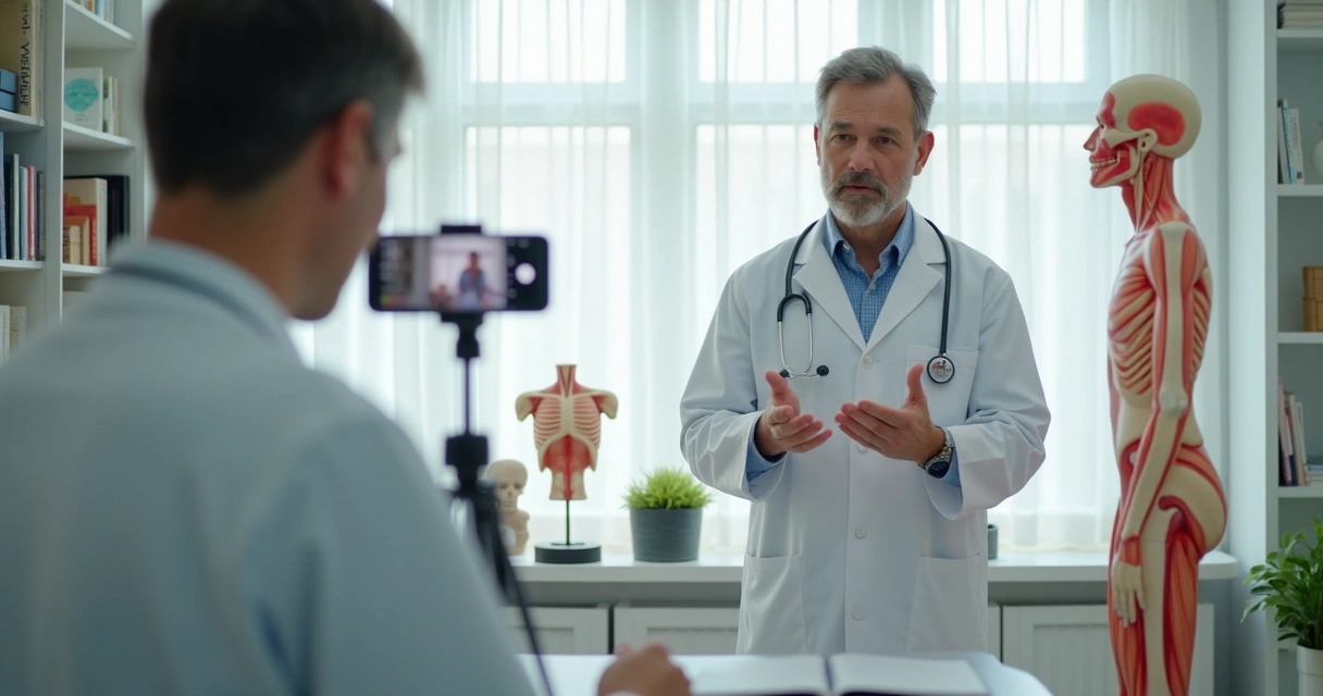 Médico gravando vídeo educativo em consultório