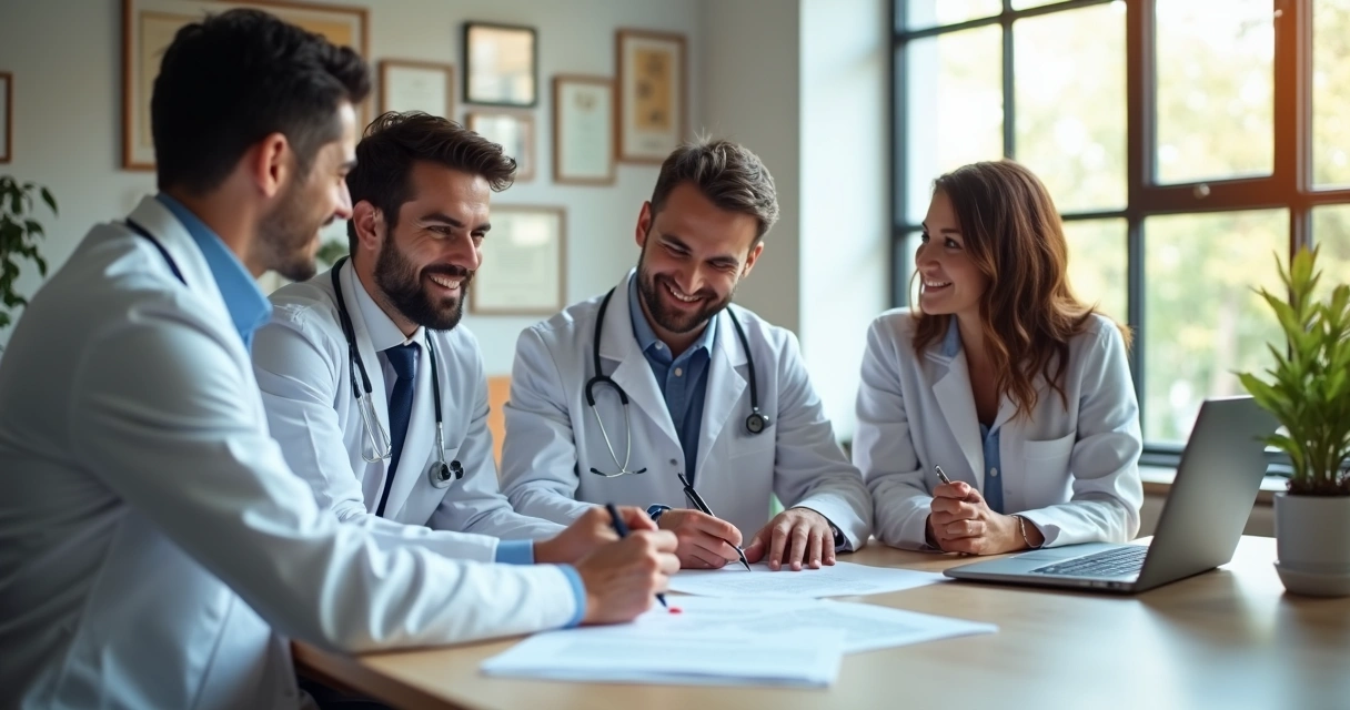 Médico, seguradora e advogado assinando contrato de seguro em um escritório moderno