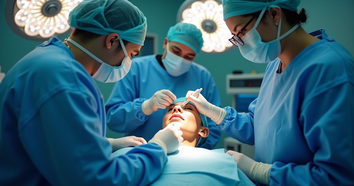 Dentista realizando cirurgia estética facial em ambiente hospitalar