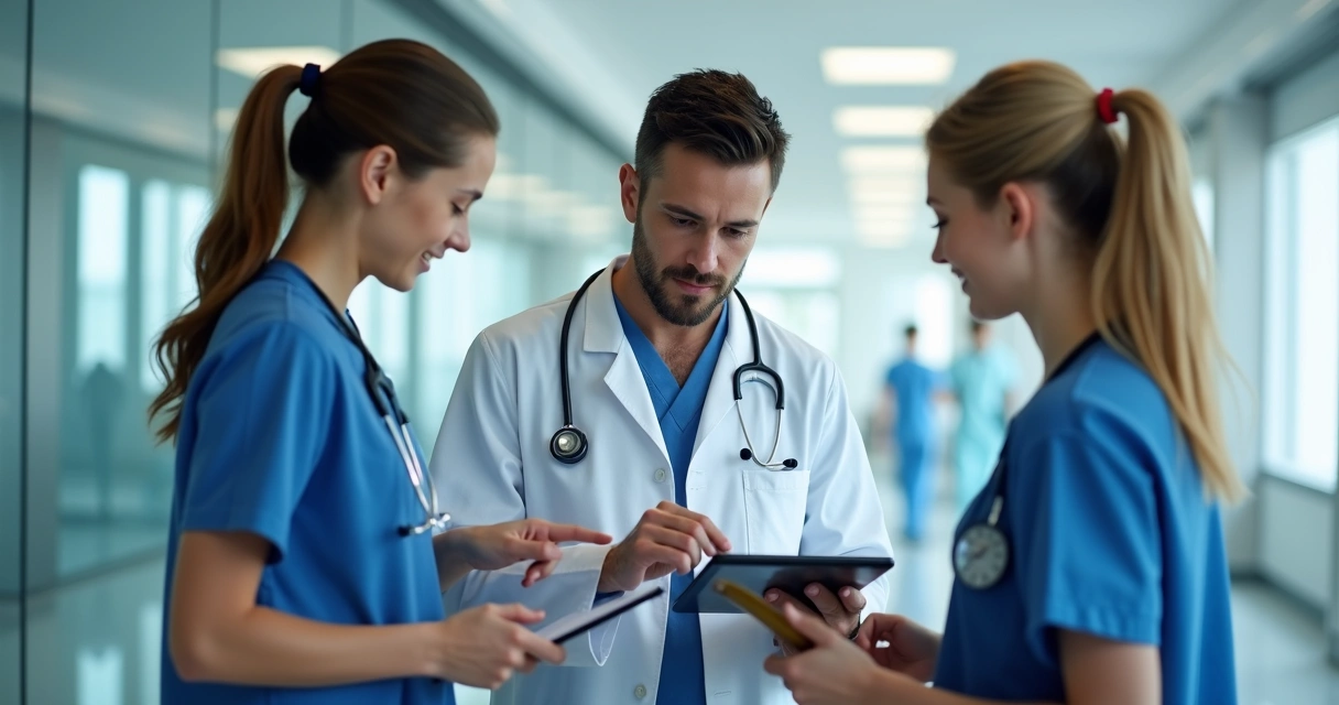 Médico consulta tablet com equipe de enfermagem em hospital