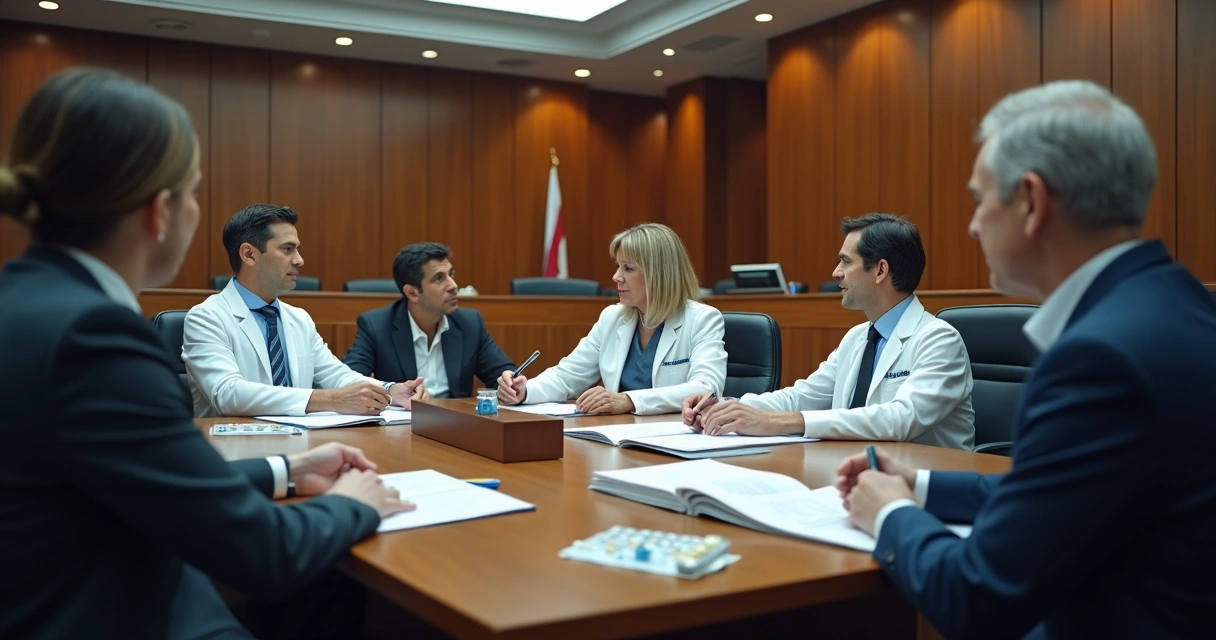 Audiência judicial com médico, juiz, advogado e paciente reunidos