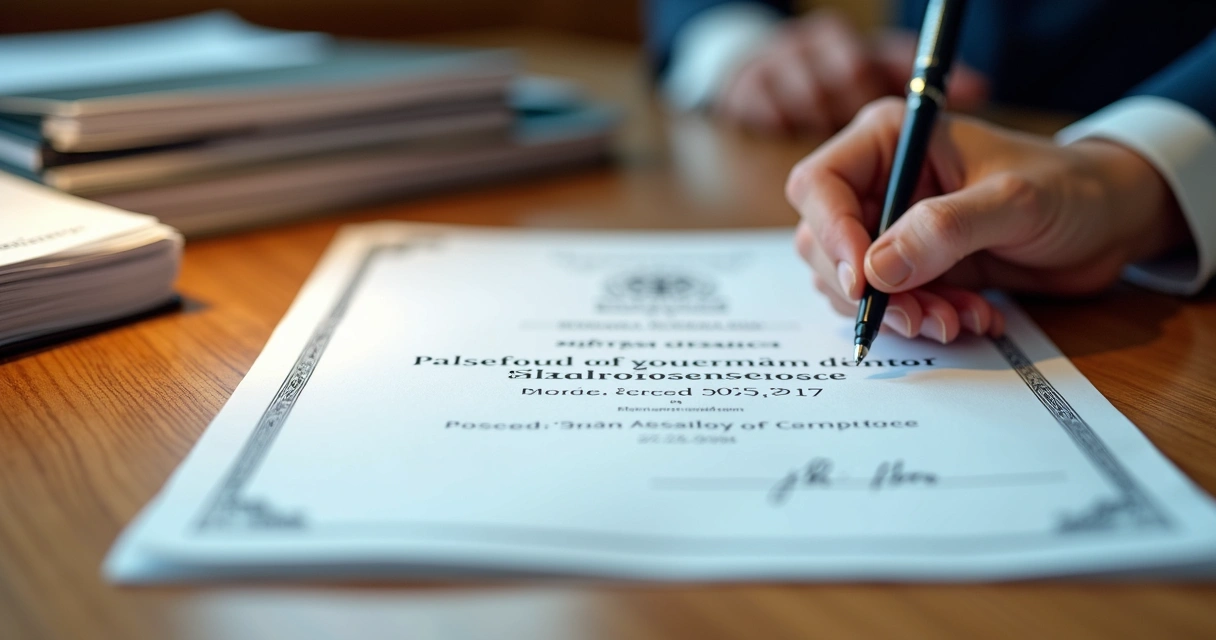 Mesa com documentos organizados e carimbo sobre certificado de especialização