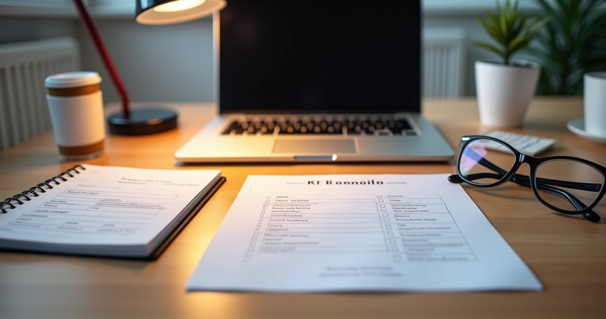 Mesa com documentos organizados, nota fiscal, relatório médico e checklists médicos