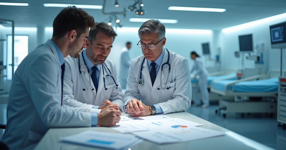 Médicos reunidos em clínica moderna analisando documentos fiscais