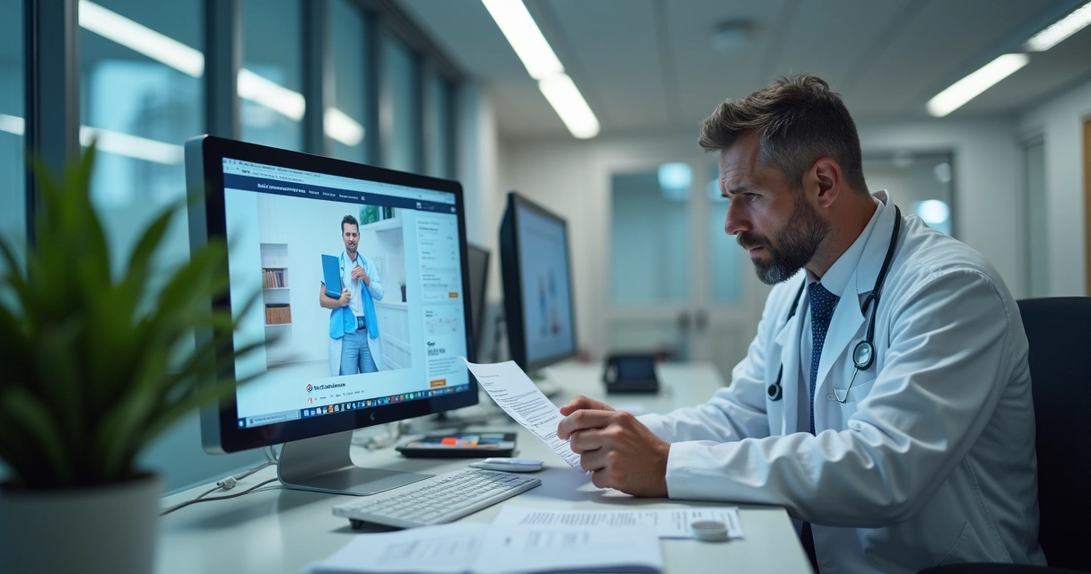 Médico revisando material de divulgação em consultório moderno