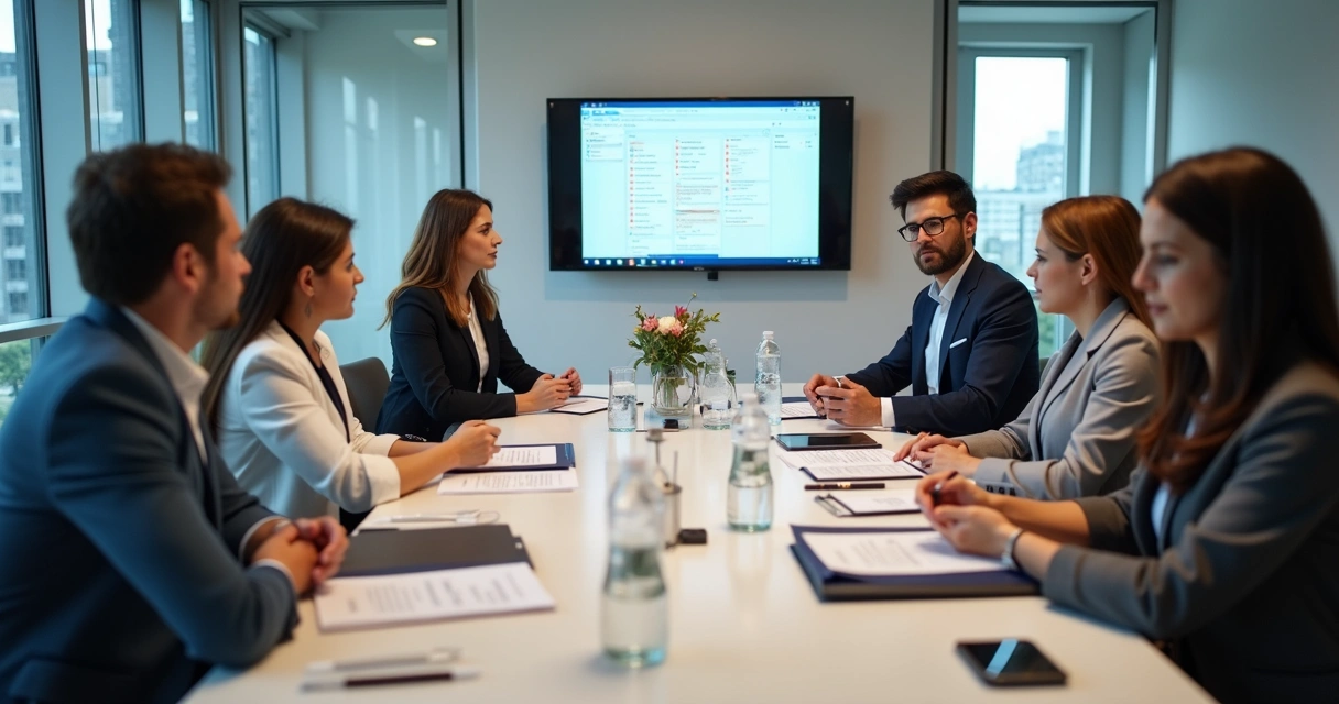 Equipe médica em reunião discutindo ética na comunicação.