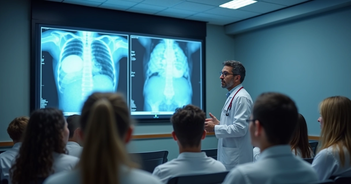 Médico apresentando imagens anônimas de antes e depois em apresentação educativa