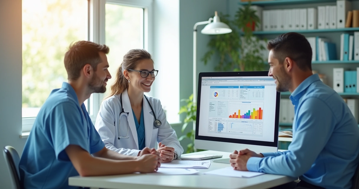 Equipe médica analisa documentos e computador com gráficos de faturamento