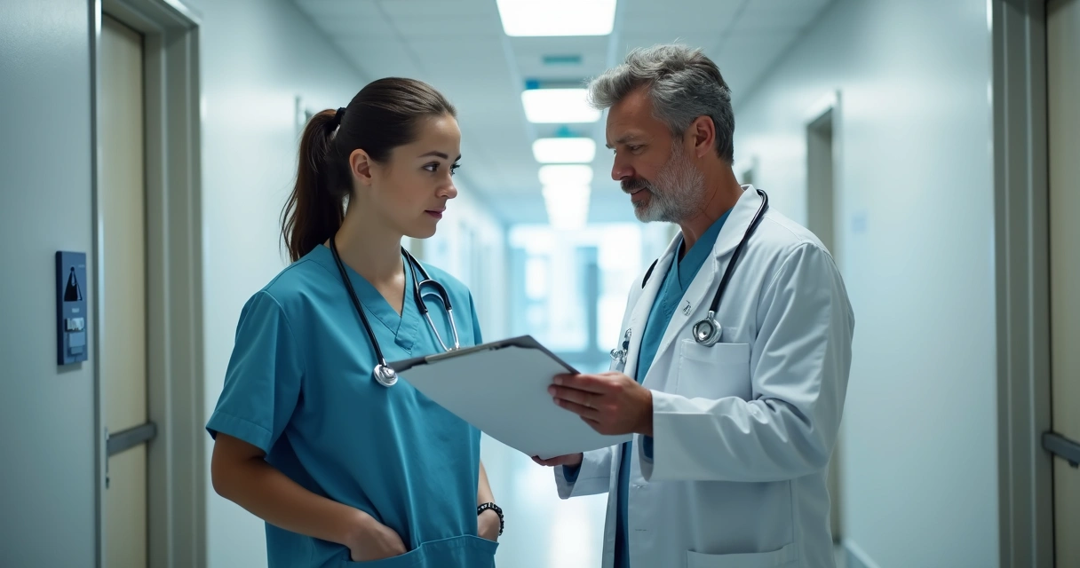 Dois médicos em um corredor de hospital discutindo prontuários