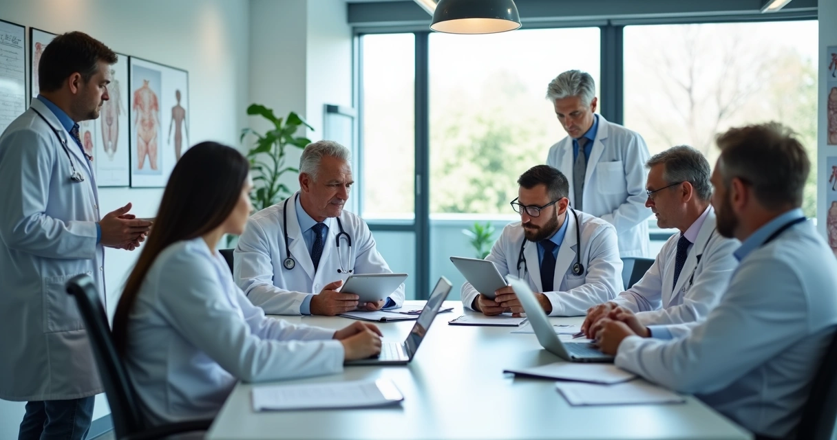 Equipe médica reunida discutindo prontuários em clínica