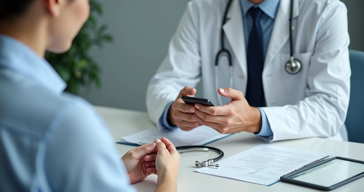 Pessoa segurando um celular gravando uma consulta médica na mesa do consultório