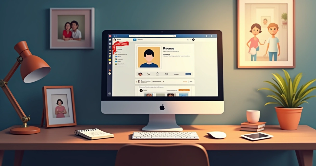 Perfil digital de pessoa falecida em rede social sendo analisado em computador moderno