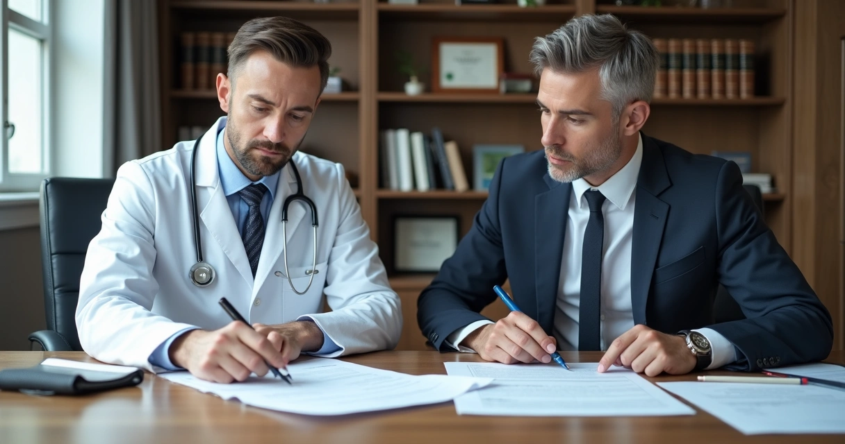 Médico e advogado sentados lado a lado discutindo documentos e estratégias