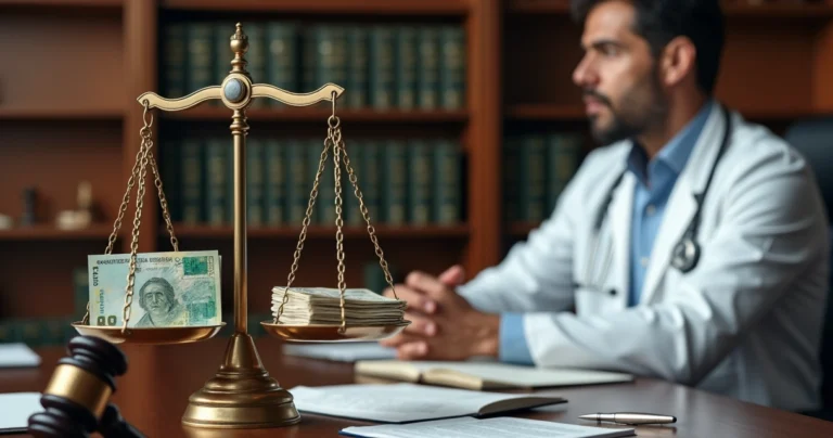 Médico sentado diante de balança da justiça simbolizando cálculo de indenização por erro médico