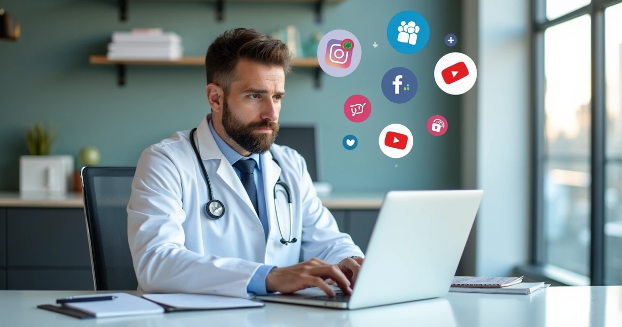Médico sentado com notebook analisando redes sociais.
