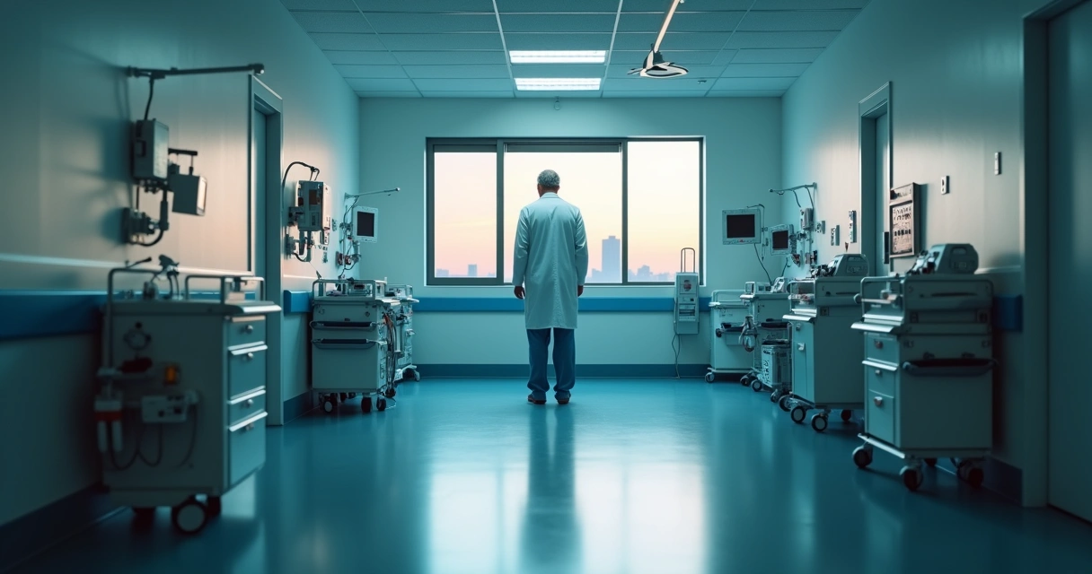 Médico de jaleco observando plantão vazio em hospital moderno