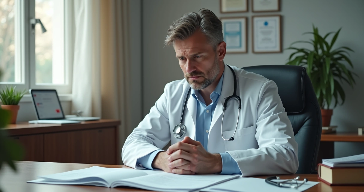 Médico com expressão preocupada sentado à mesa, analisando documentos judiciários