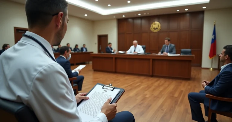 Médico observa discretamente audiência jurídica em tribunal moderno