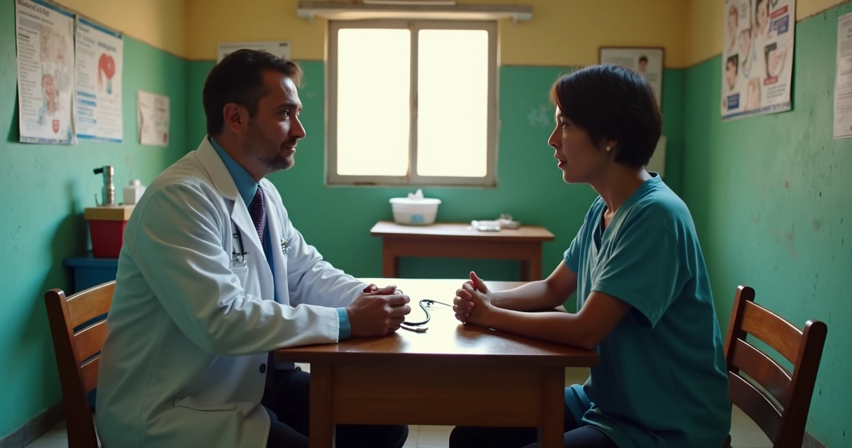 Médico atendendo paciente em consultório simples de área carente urbana