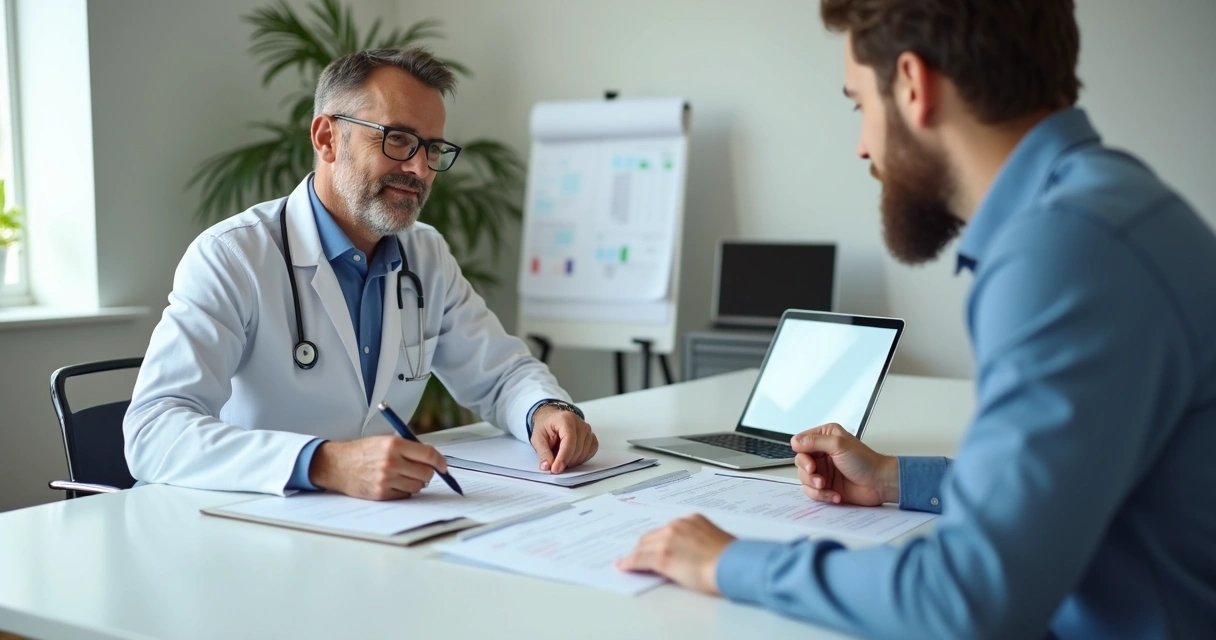Médico e representante de plano de saúde em negociação, com documentos e canetas sobre a mesa
