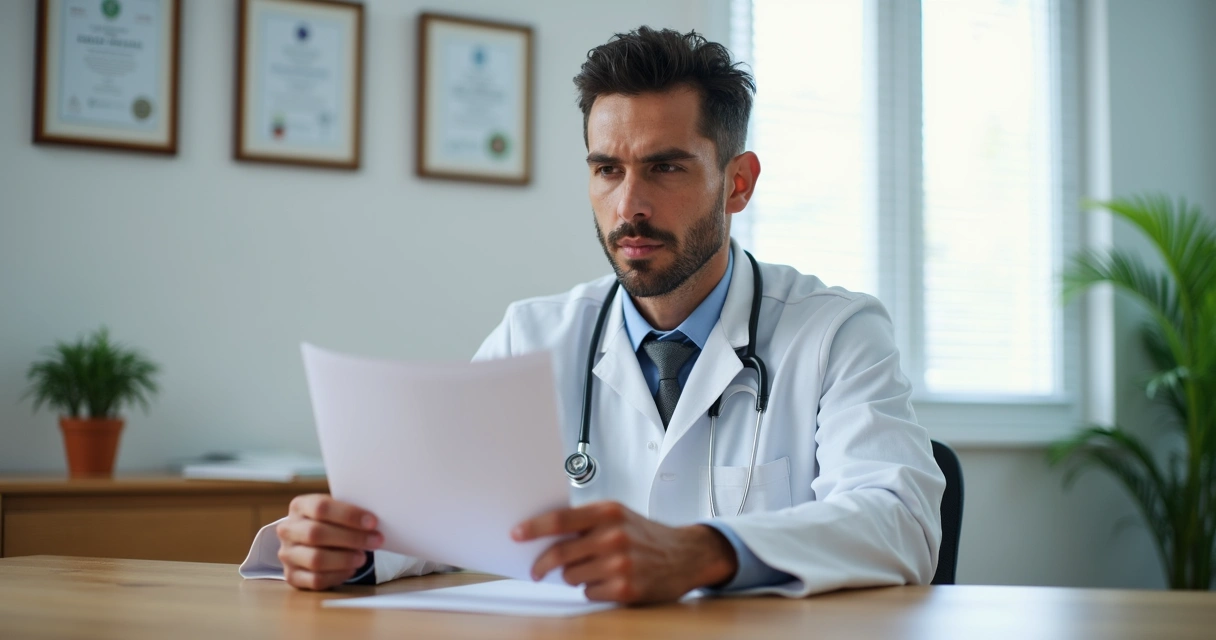 Médico olhando atentamente carta com expressão preocupada na sala de trabalho.