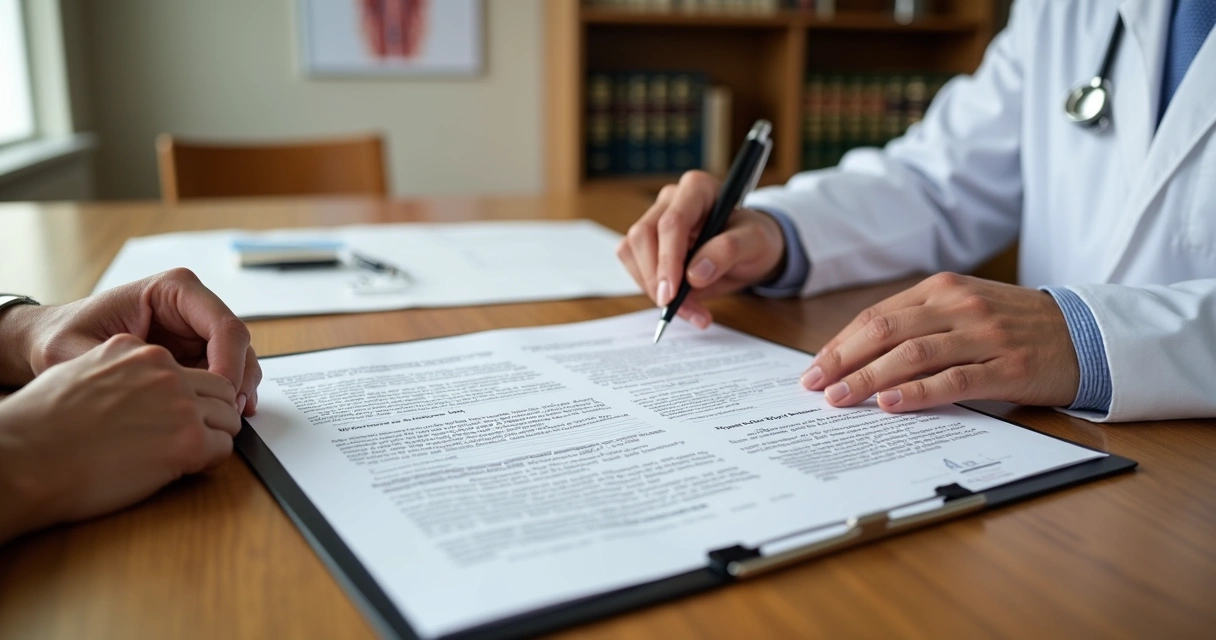 Paciente sentado com médico revisando e assinando termo de consentimento detalhado