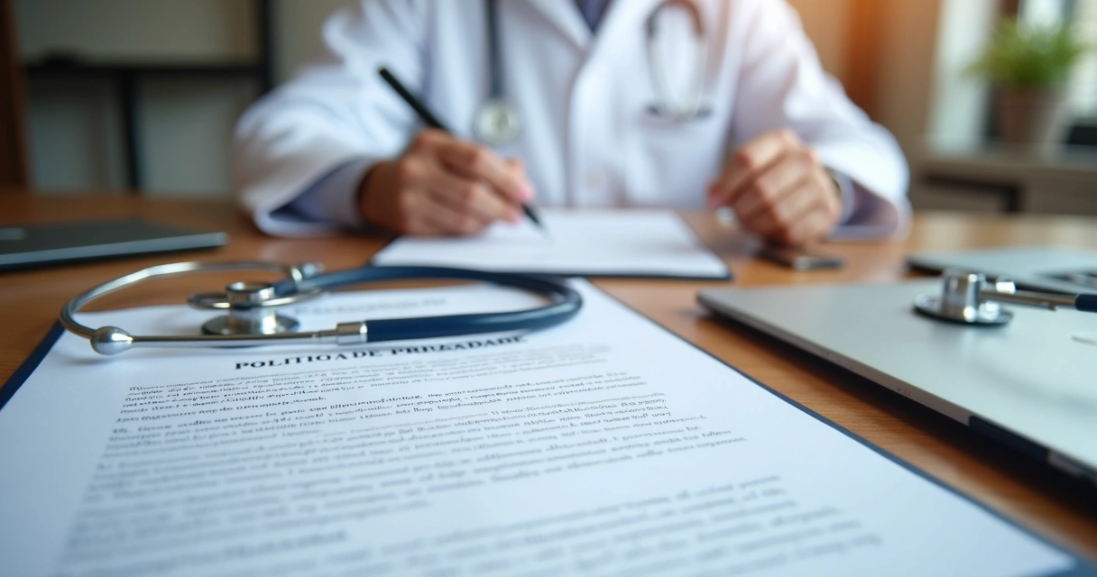 Página de política de privacidade em clínica médica impressa sobre uma mesa