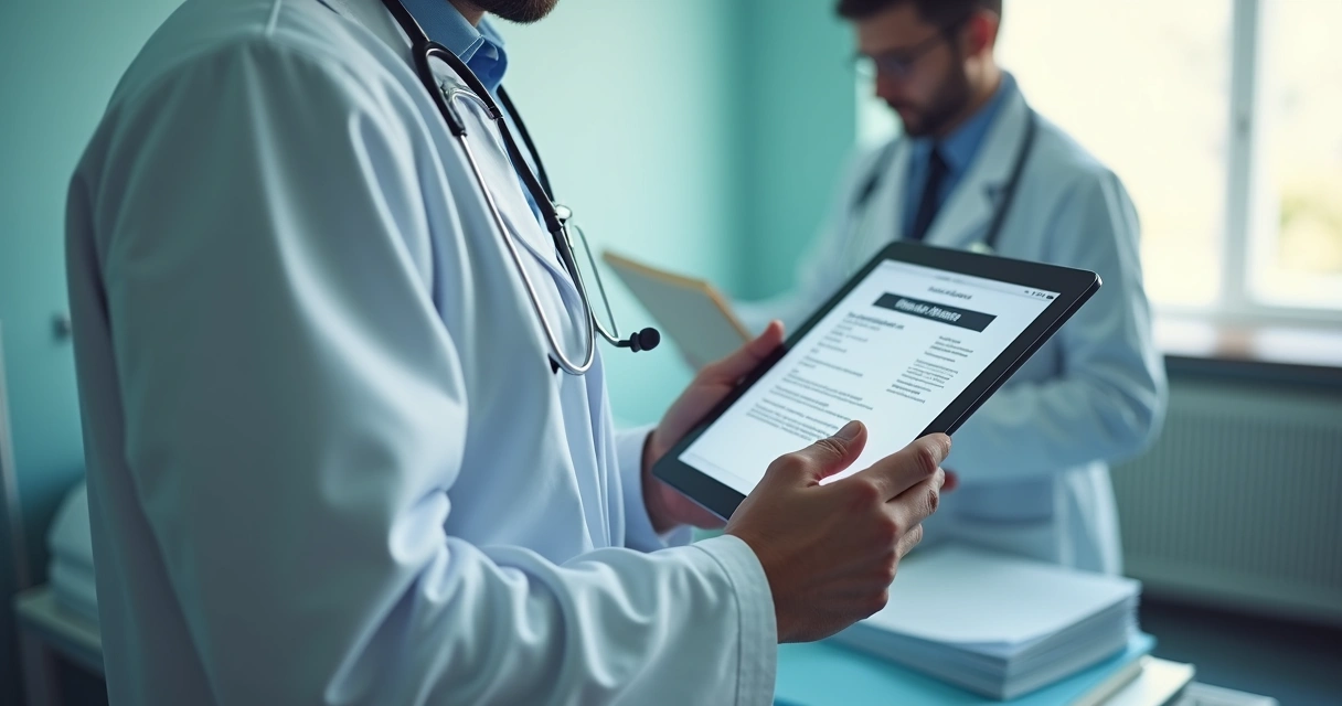 Pessoa analisando prontuário médico com documentos digitalizados e ambiente hospitalar moderno
