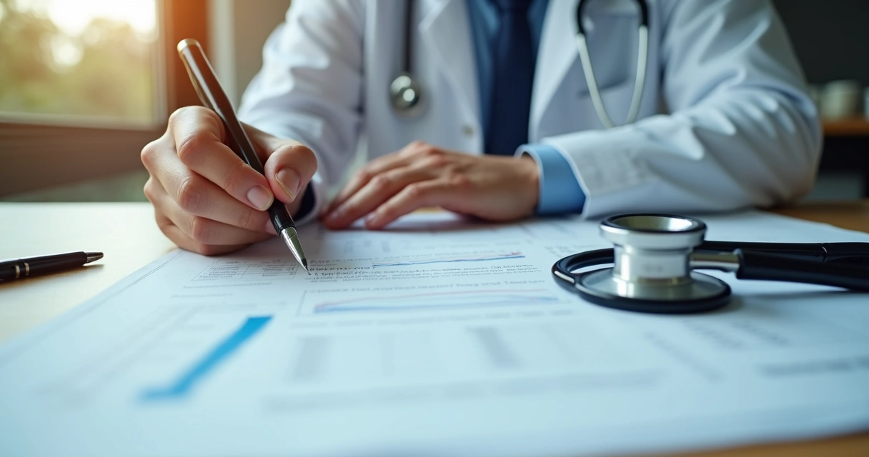 Médico escrevendo laudo em papel, mesa de consultório organizada, estetoscópio ao lado