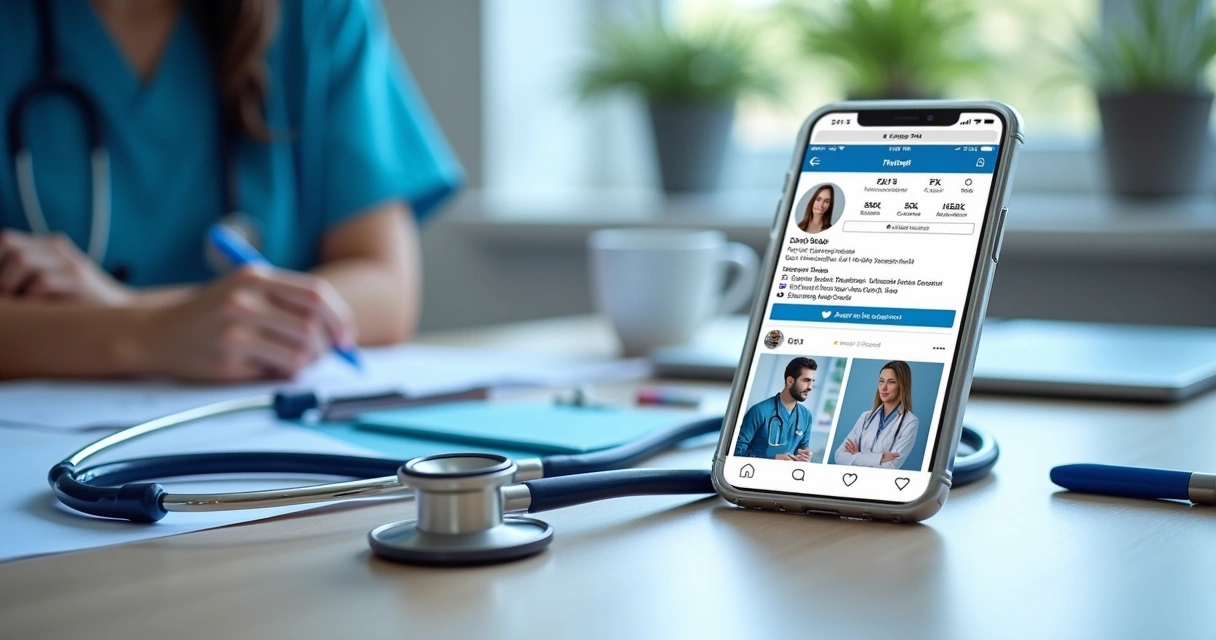 Perfil de redes sociais de médico exibindo conteúdo informativo, sem fotos de pacientes, com aparência profissional.