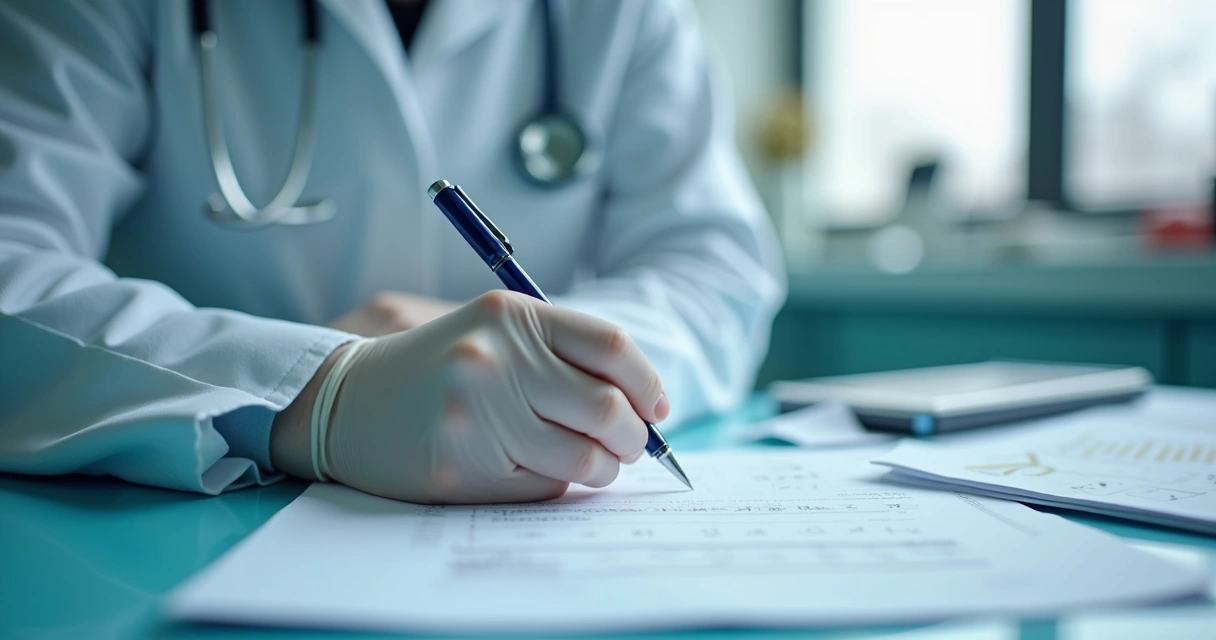 Profissional da saúde fazendo anotação detalhada em prontuário médico manuscrito sobre recusa de tratamento