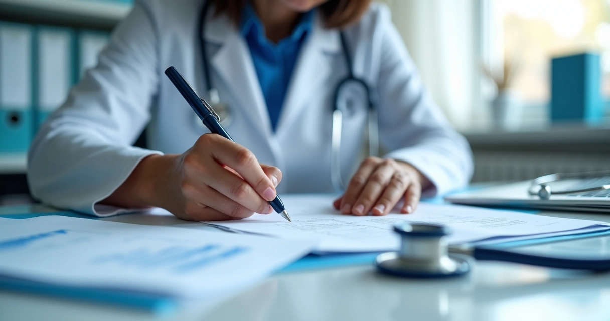 Profissional de saúde escrevendo detalhadamente no prontuário médico