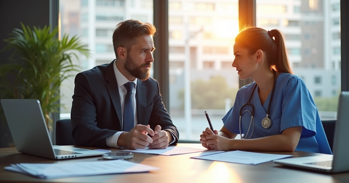 Consultor jurídico e médico analisando documentos juntos em escritório