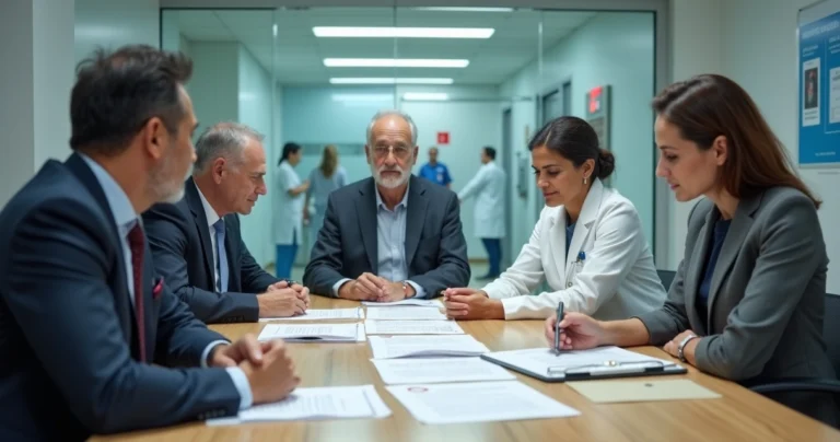 Reunião de diretoria de clínica e hospital avaliando documentos jurídicos