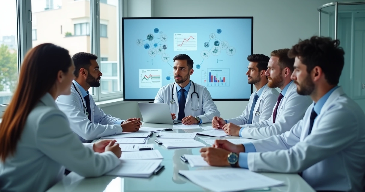 Equipe médica reunida discutindo plano de ação em sala de reunião