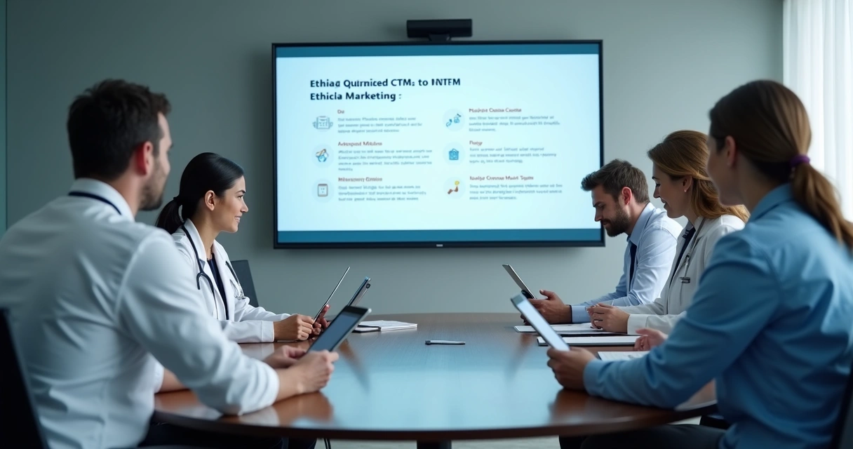 Equipe médica em reunião discutindo comunicação ética e legislação