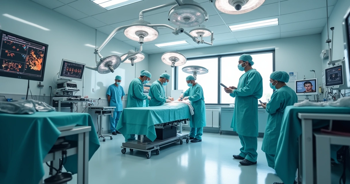 Sala cirúrgica moderna com equipamentos e equipe médica
