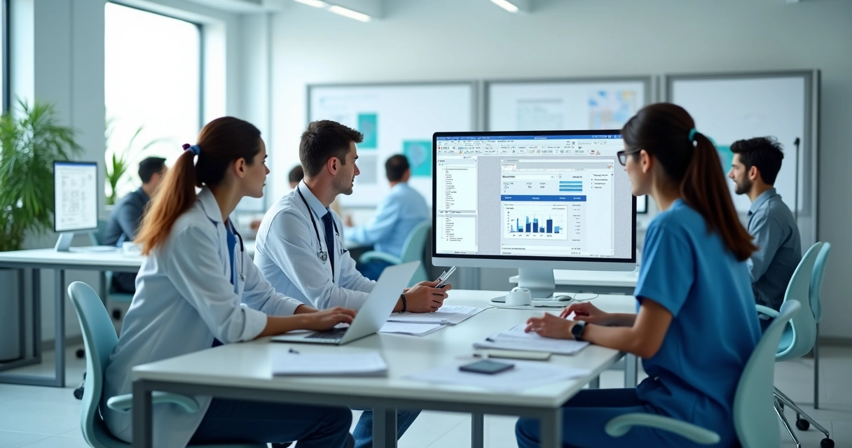 Equipe em sala de faturamento médico revisando documentação com computadores e papéis